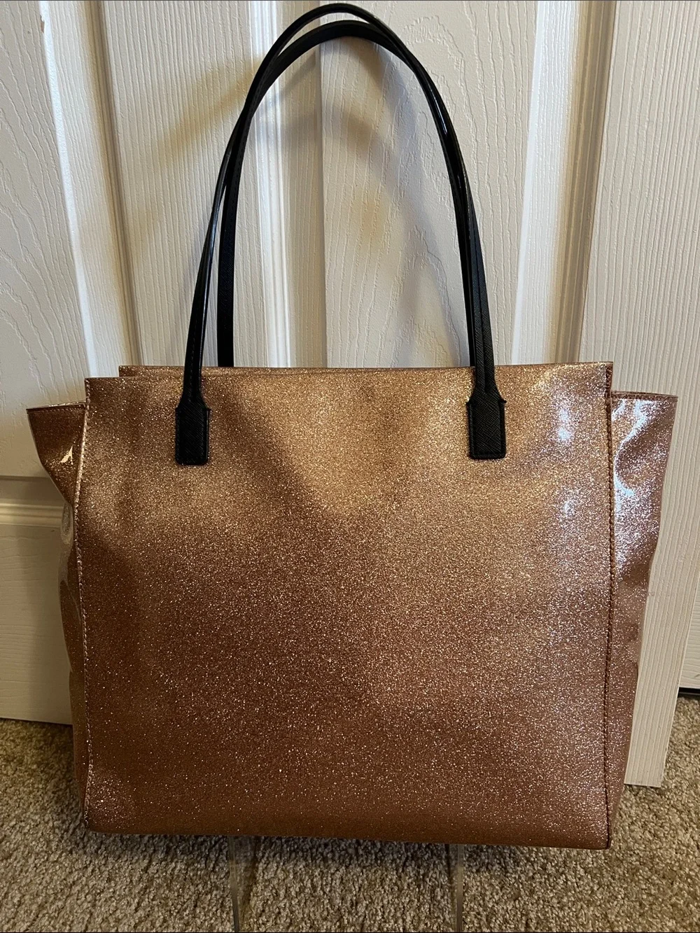 Kate Spade Rose Gold Glitter Tote with Black Bow and Black Handles